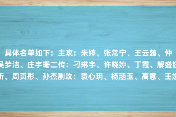 具体名单如下：主攻：朱婷、张常宁、王云蕗、仲慧、李盈莹、王艺竹、吴梦洁、庄宇珊二传：刁琳宇、许晓婷、丁霞、解盛钰策应：龚翔宇、郑益昕、周页彤、孙杰副攻：袁心玥、杨涵玉、高意、王媛媛、曾洁雅、万梓玥解放东谈主：倪超卓、王梦洁、许嘉楠    bet366足球站